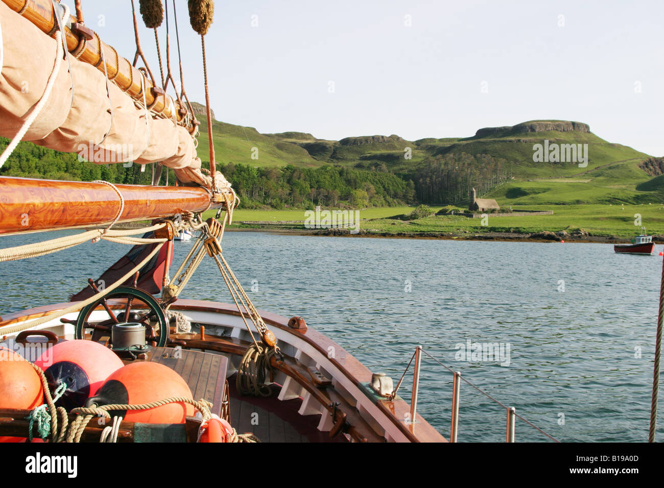 The Eda Frandsen, A Gaff Cutter anchored in Canna Harbour, Small Isles, Scotland Stock Photo