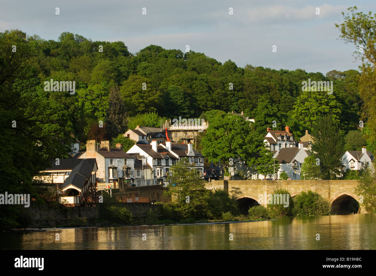 Wales, Denbighshire, Llangollen. The picturesque village of Langollen on the River Dee. Stock Photo