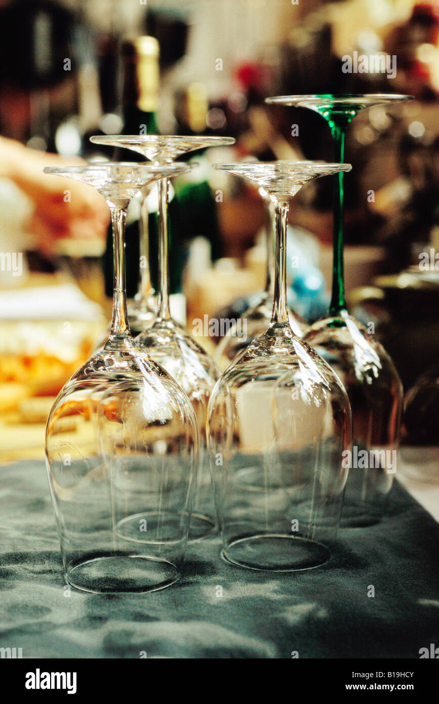 Freshly cleaned wine glasses Stock Photo