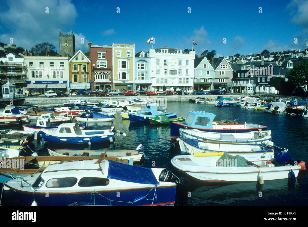 Dartmouth Devon Marina and town English coast coastal scenery harbour boats leisure craft cabin cruisers England UK holiday Stock Photo