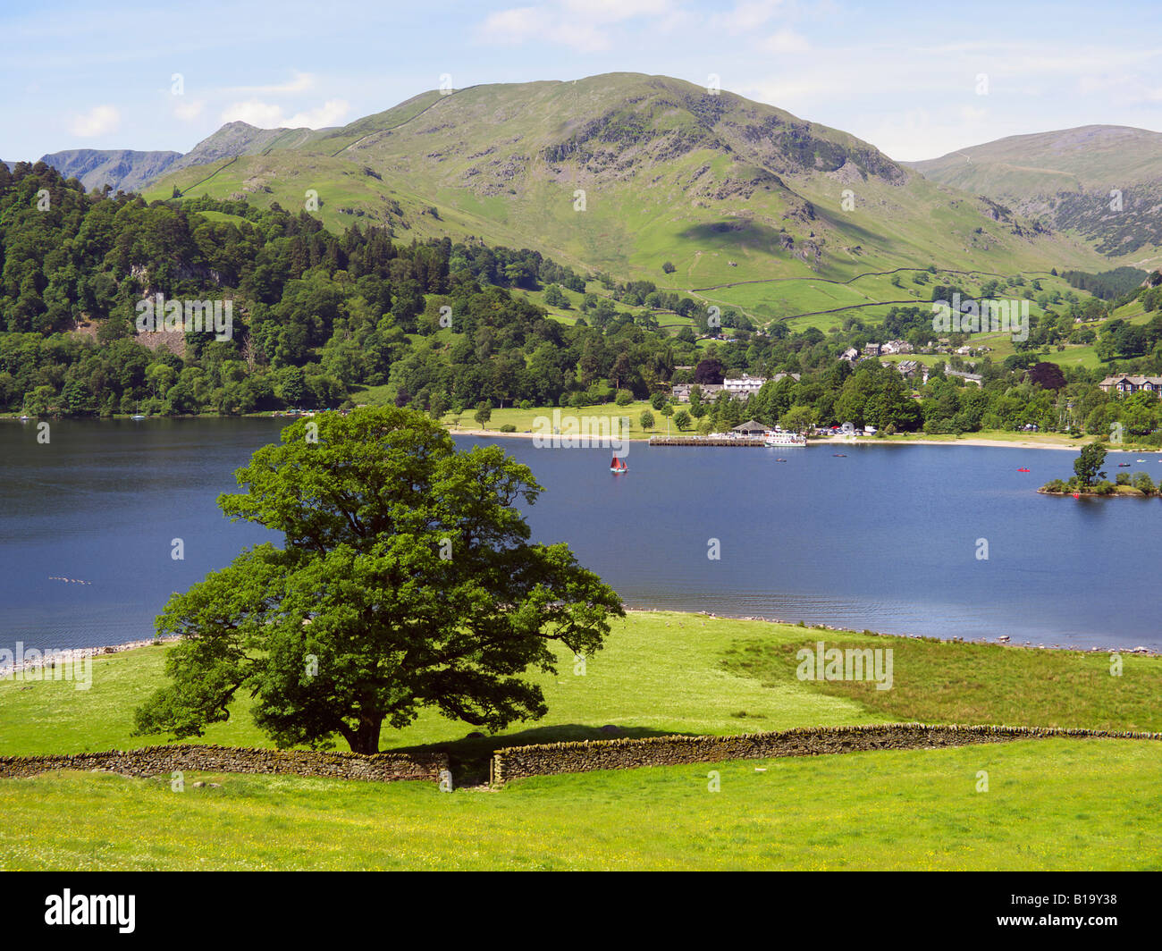 Looking across Ullswater lake to Glenridding pier in the English Lake District Stock Photo