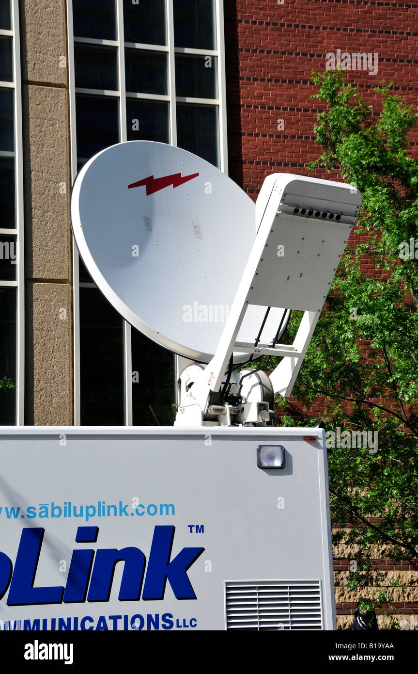 Uplink satellite communications transmission dish on a mobile TV truck in Louisville Kentucky KY Stock Photo
