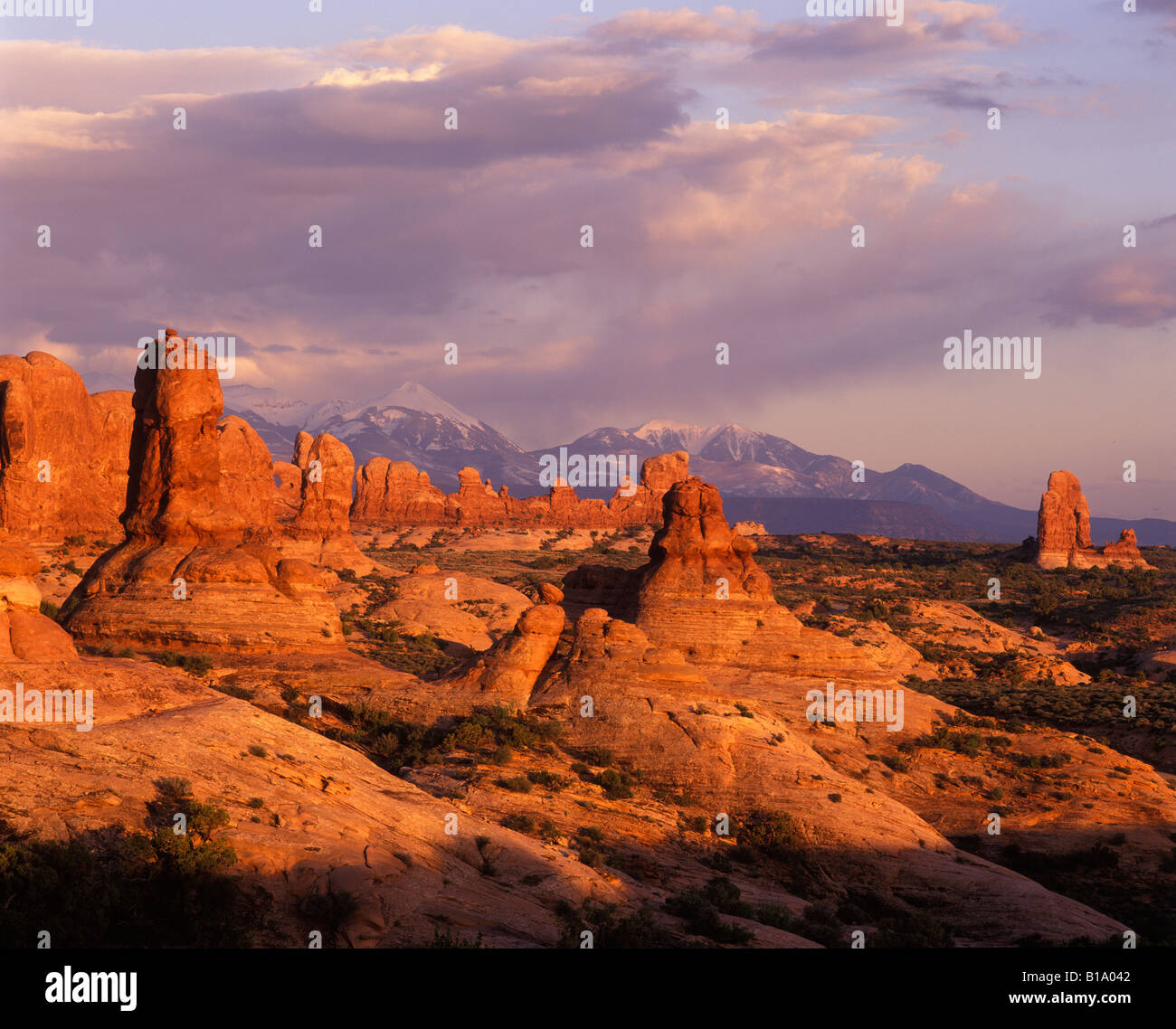 Late light on Garden of Eden and LaSal Mountains Arches National park Utah Stock Photo