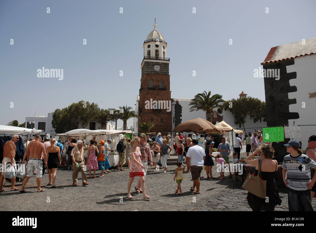 The main market place and church in the historic town of Teguise on Lanzarote in the Canary Islands Stock Photo