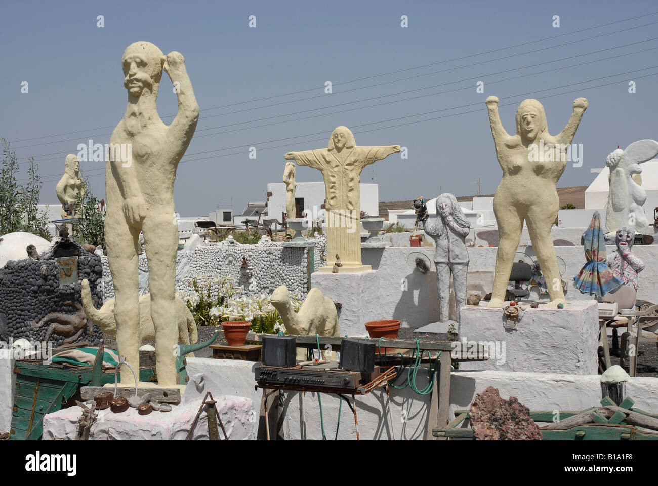 A surreal collection of found art/objects and sculptures in the historic town of Teguise in Lanzarote the Canary Islands. Stock Photo