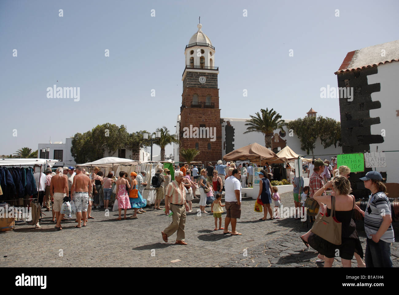 The main market place and church in the historic town of Teguise on Lanzarote in the Canary Islands Stock Photo