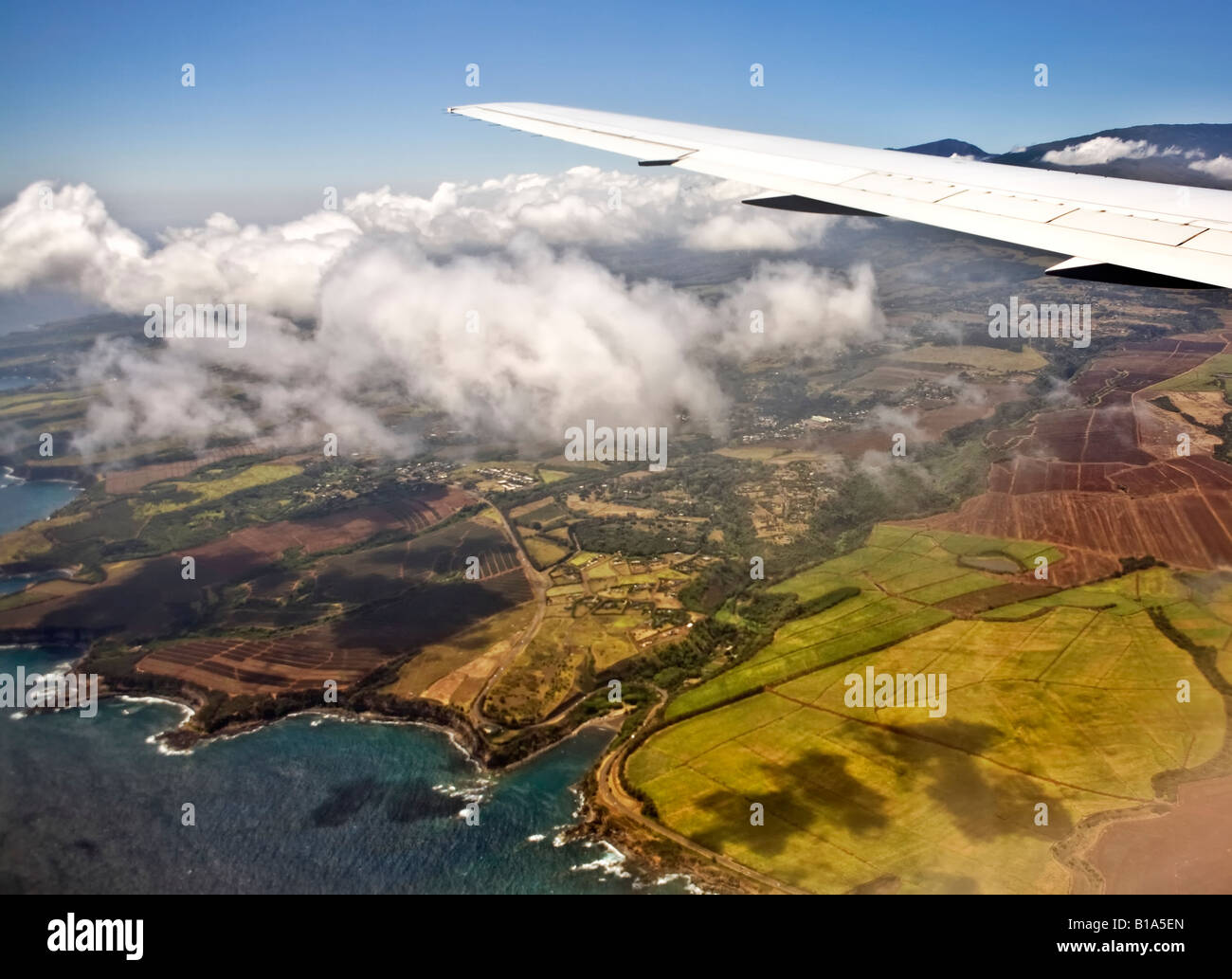 aerial photo of Maui coast line, with puffy clouds projecting shadows on sugarcane fields. Stock Photo