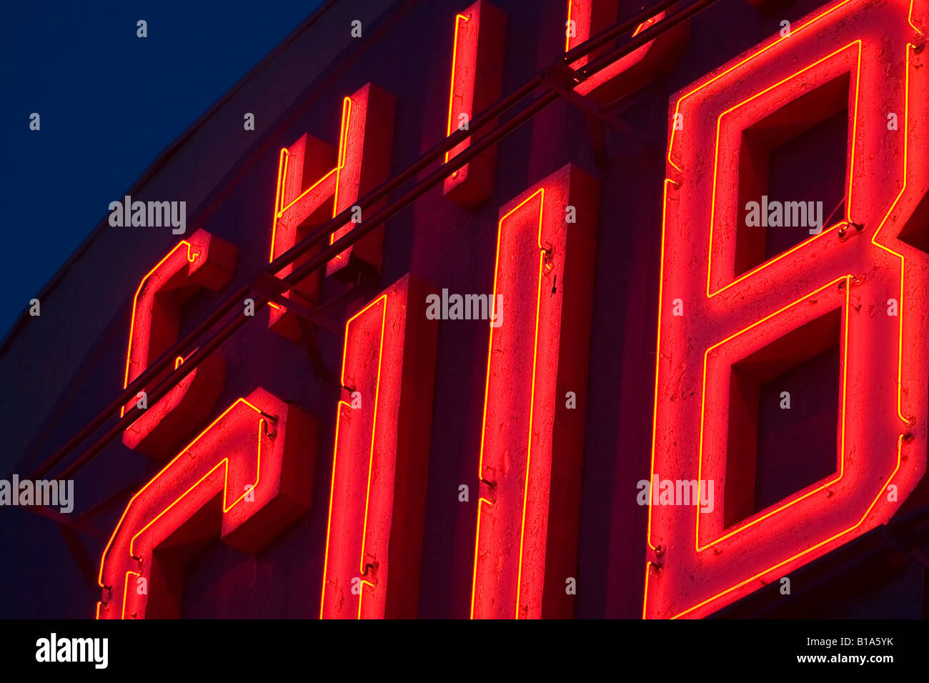 The famous neon marquee on Wrigley Field, home of the Chicago Cubs in Chicago, IL. Stock Photo