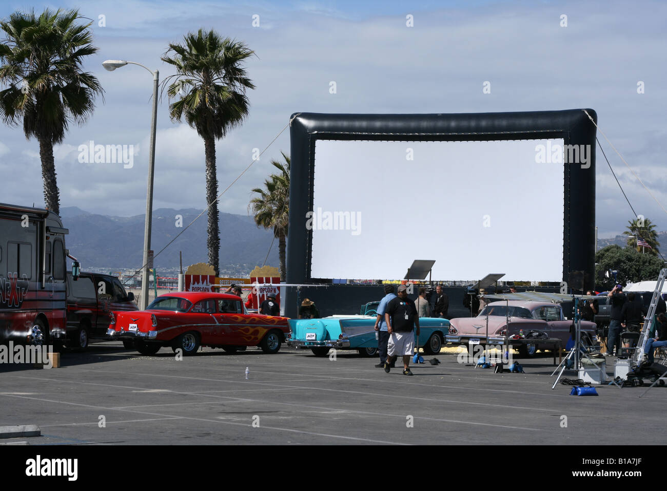 Movie set on the beach in Santa Monica using vintage cars Stock Photo