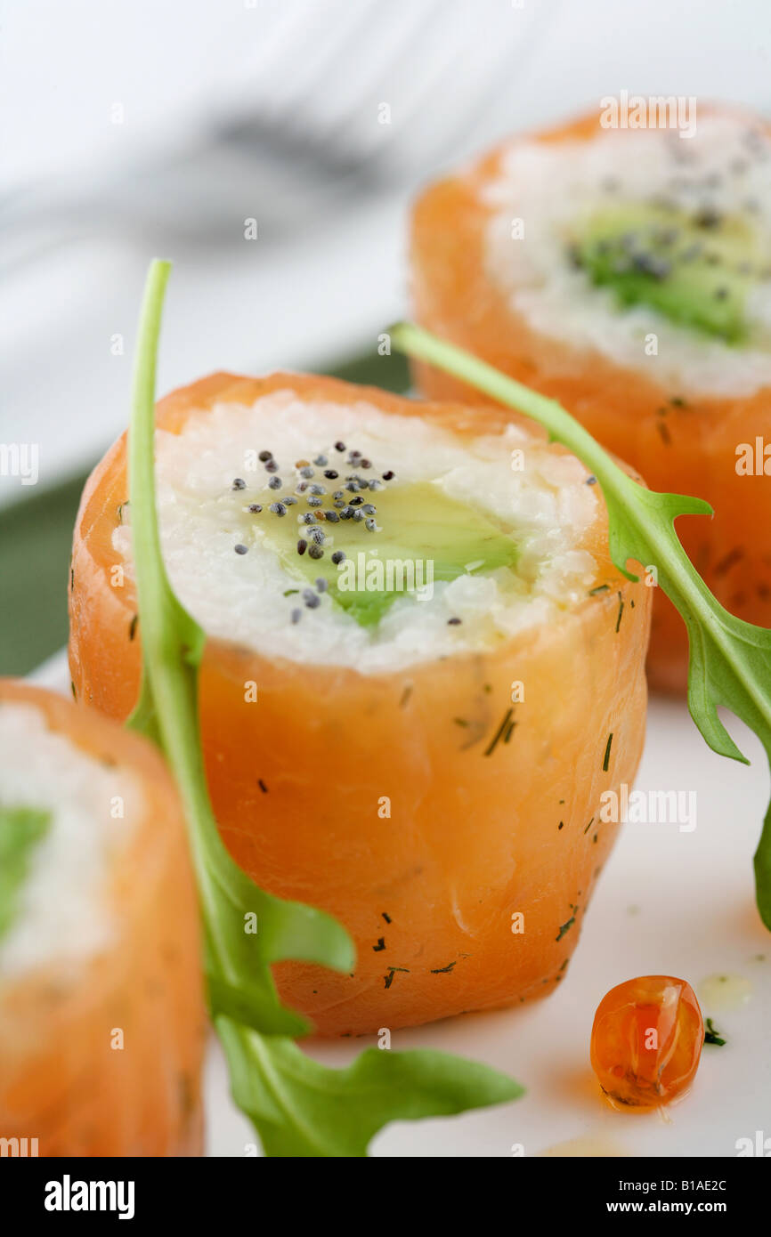 Closeup of marinated salmon sushi (vertical Stock Photo Alamy