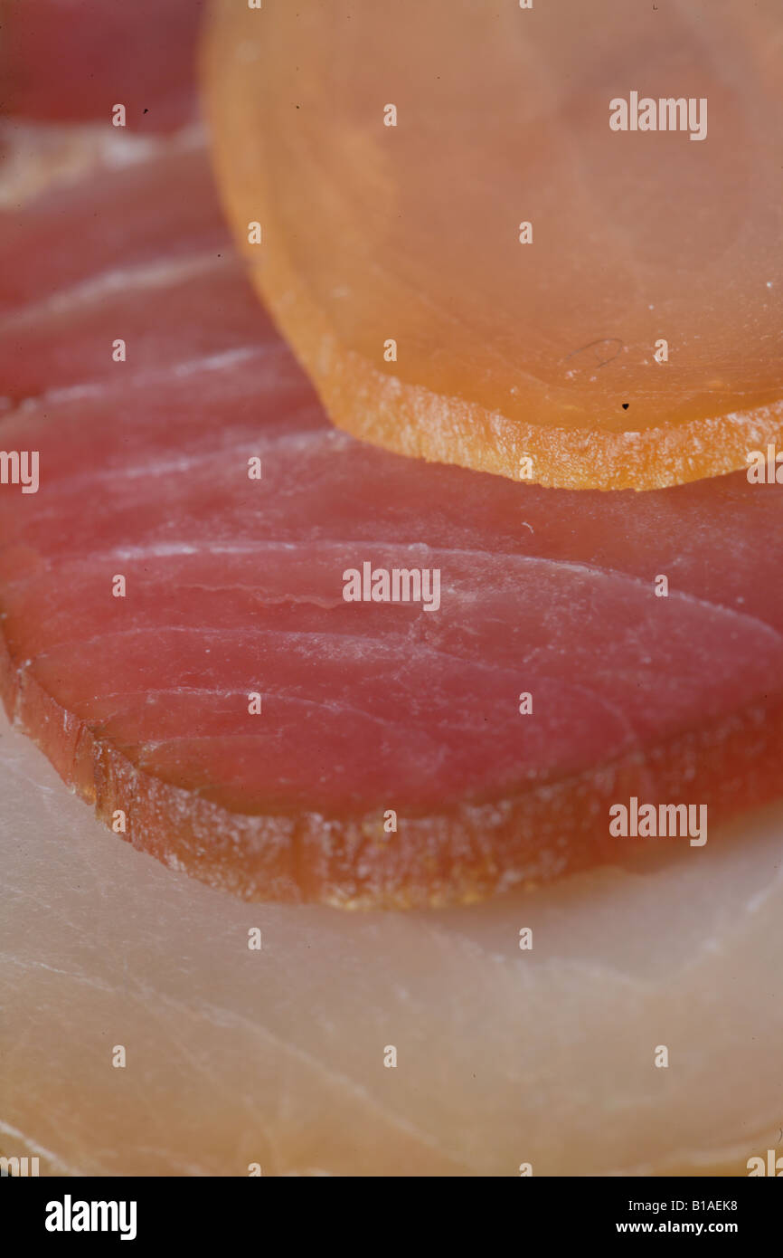 Closeup of spearfish, tuna and smoked swordfish (vertical Stock Photo