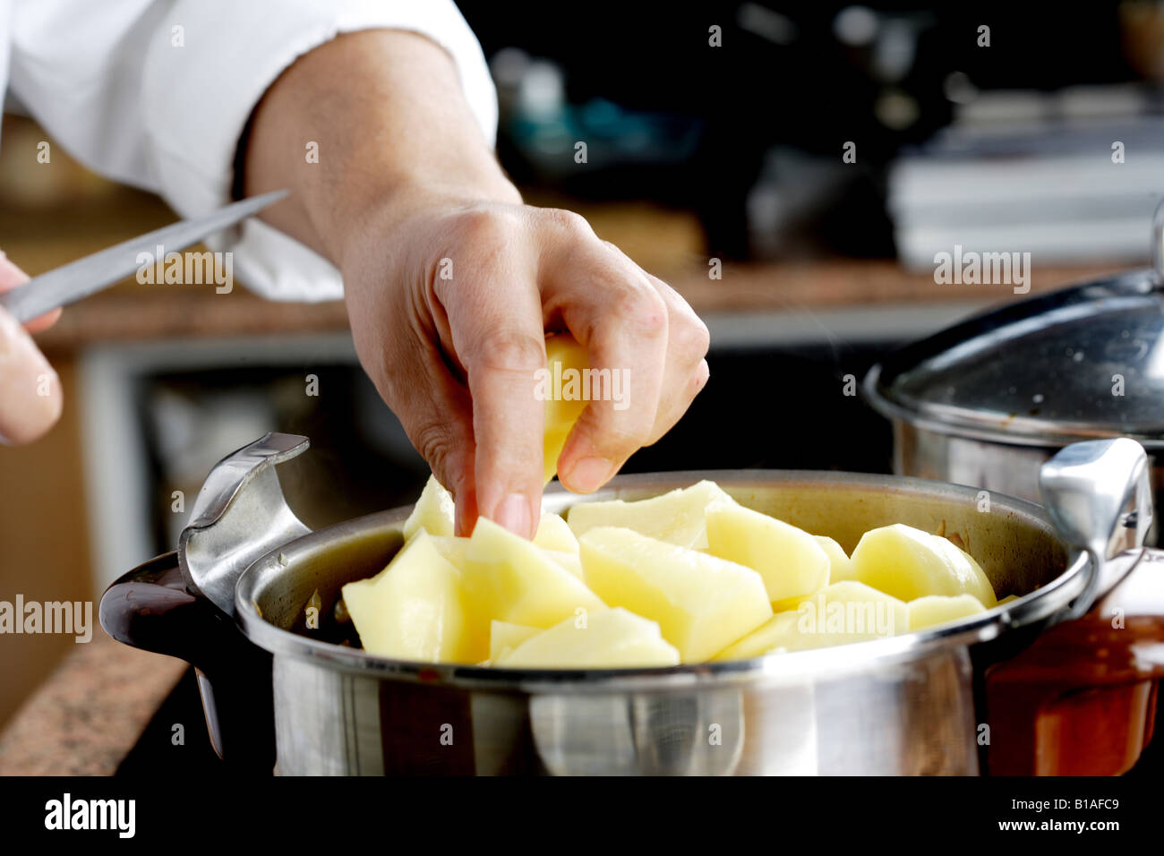 Putting potatoes in the pressure cooker Stock Photo Alamy