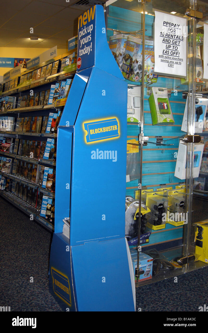 Blockbuster logo on a magazine rack inside the DVD rental store Stock ...