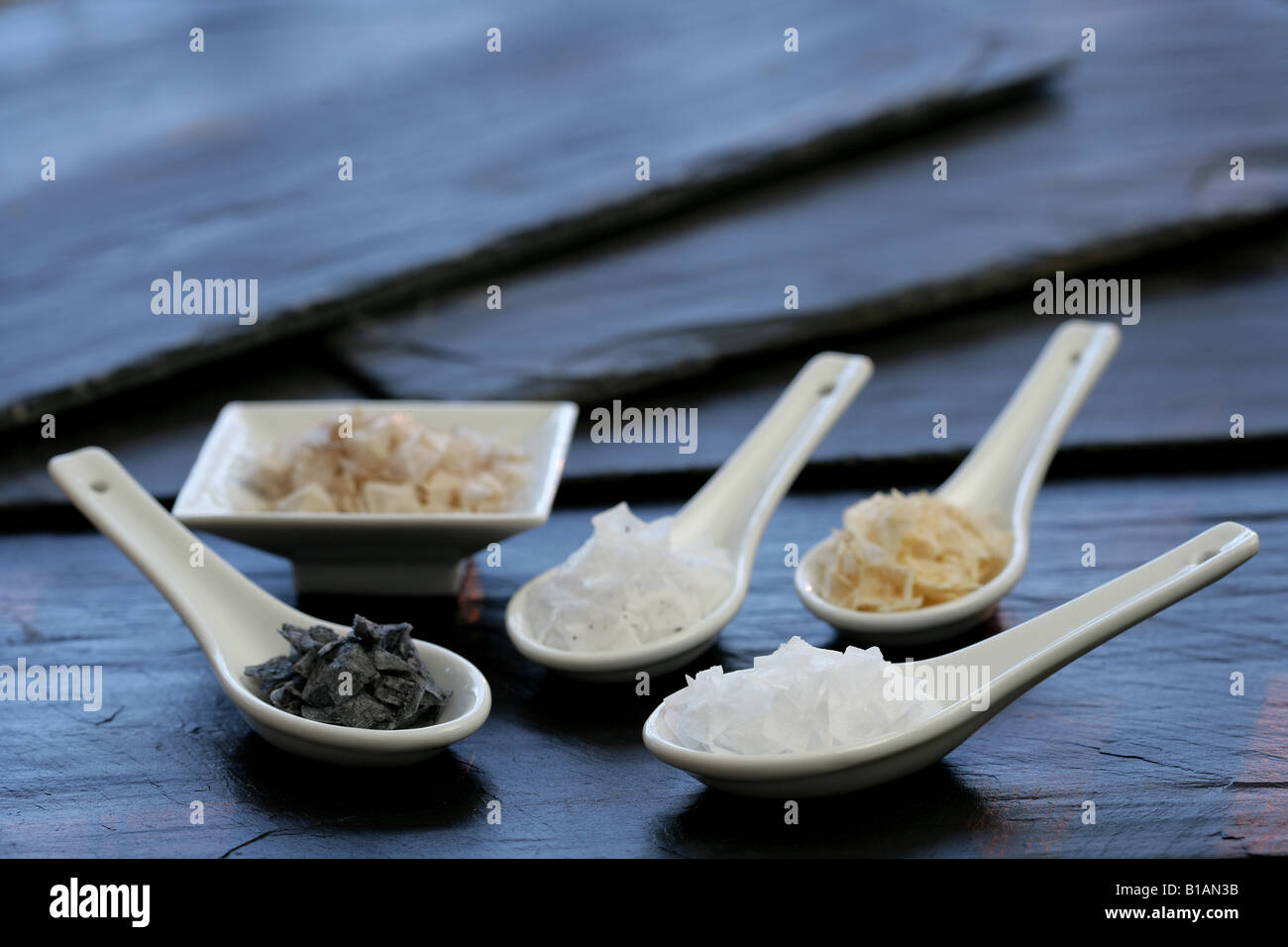 Five varieties of crystal salt Stock Photo