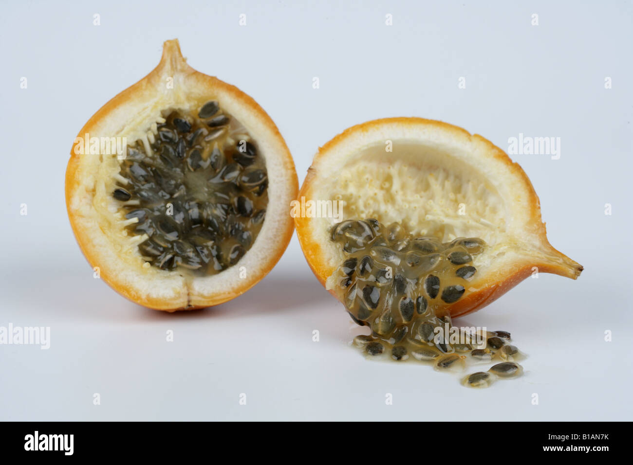 Passion fruit opened on white background Stock Photo
