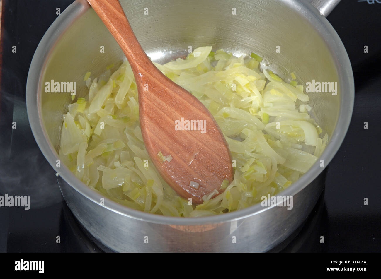Frying lightly leek Stock Photo