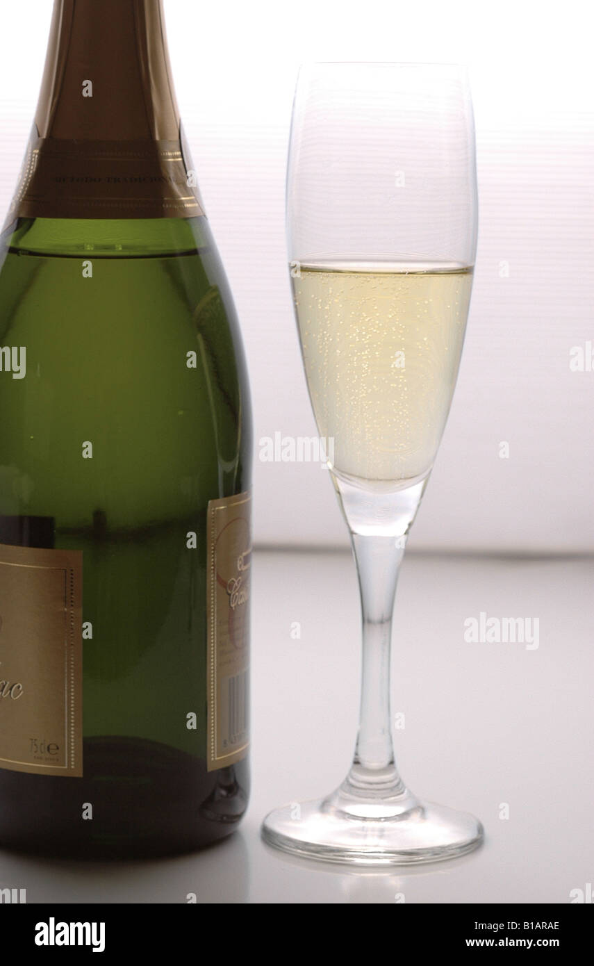 Champagne glass and cava (Spanish sparkling wine) bottle Stock Photo ...