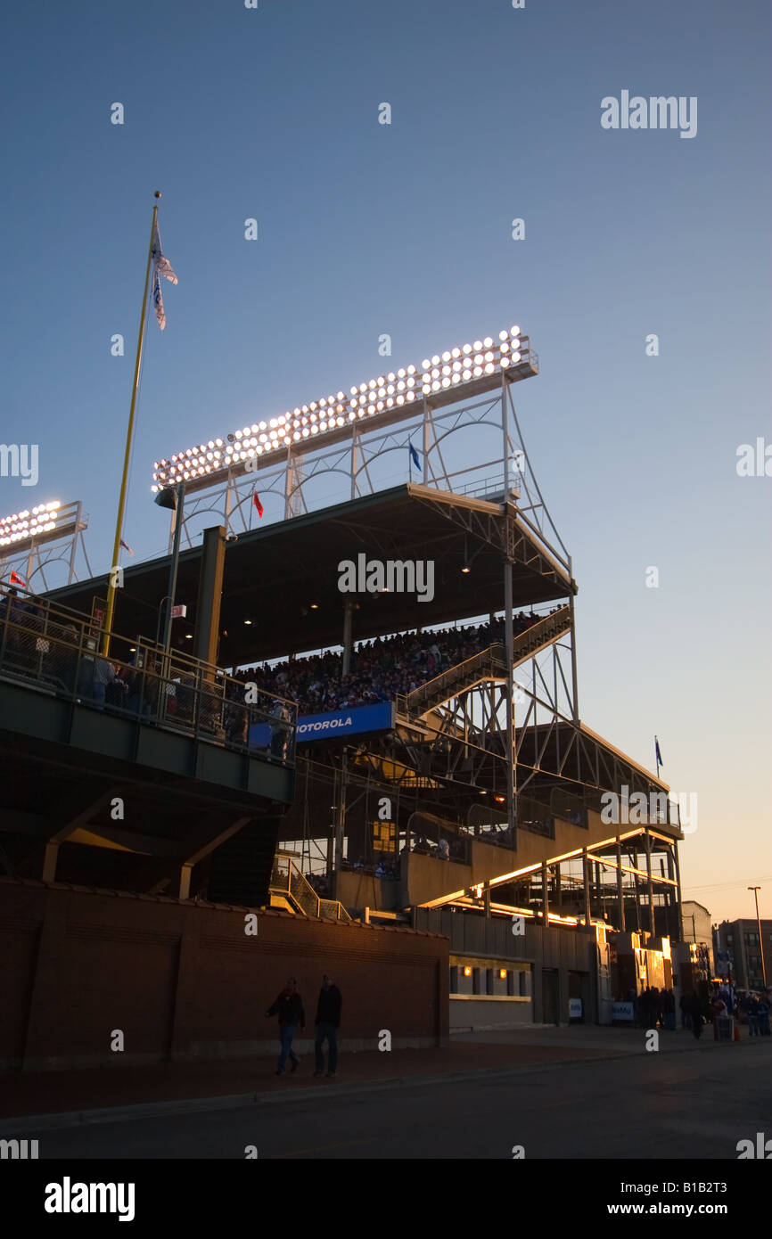 Wrigley Field in Chicago, IL as the sun sets. Stock Photo