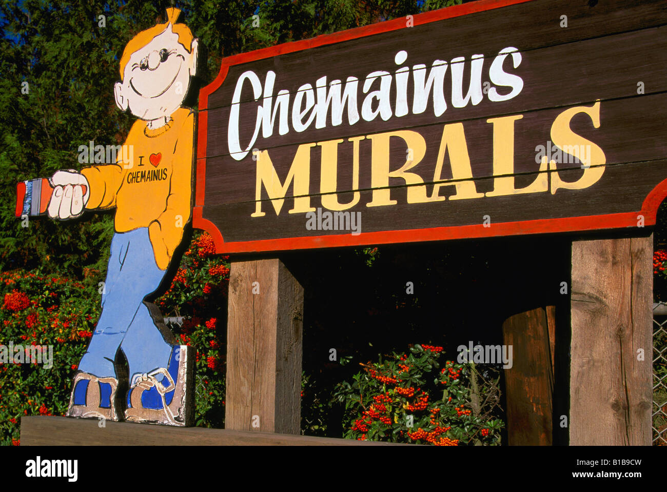 Chemainus, Vancouver Island, BC, British Columbia, Canada - Welcome Sign to Chemainus Murals Stock Photo