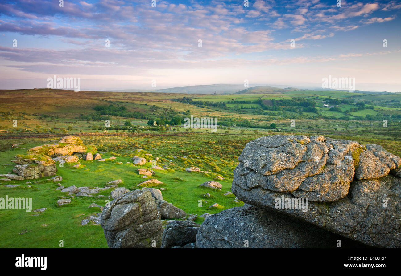 Looking west from Saddle Tor Dartmoor National Park Devon England Stock Photo