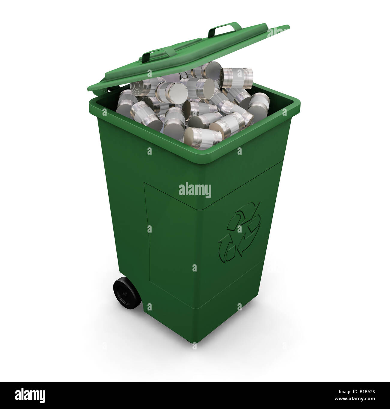 3D render of a recycling wheelie bin full of tin cans Stock Photo