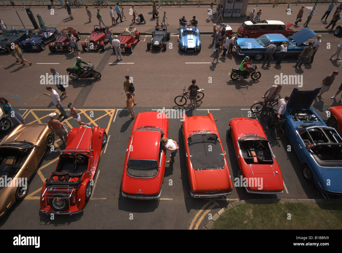 Vintage cars lined up in the road at a classic car show in Brighton. Stock Photo