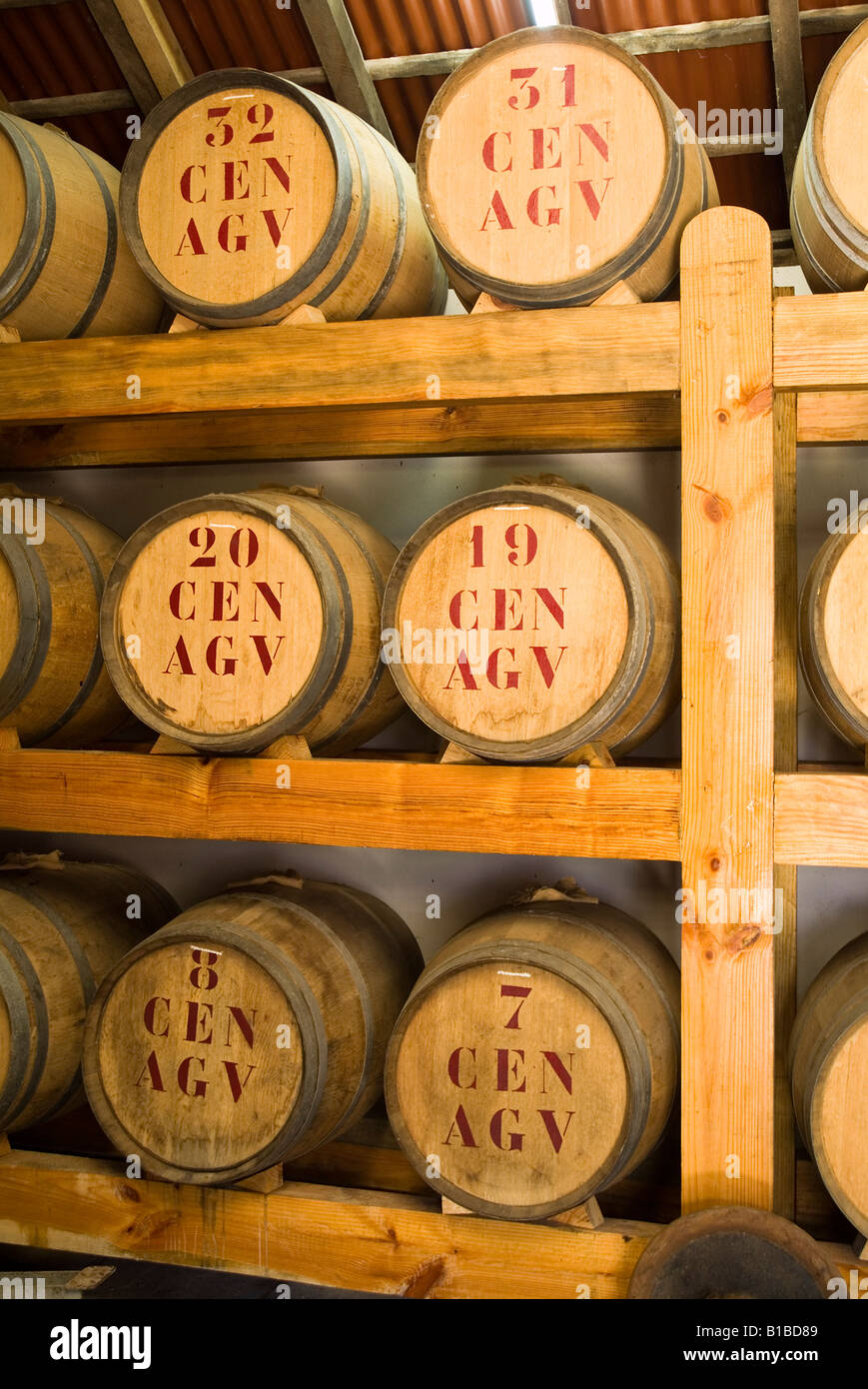 dh  PORTO DA CRUZ MADEIRA Rum distillery rack of traditional wooden barrels warehouse history interior historic Stock Photo