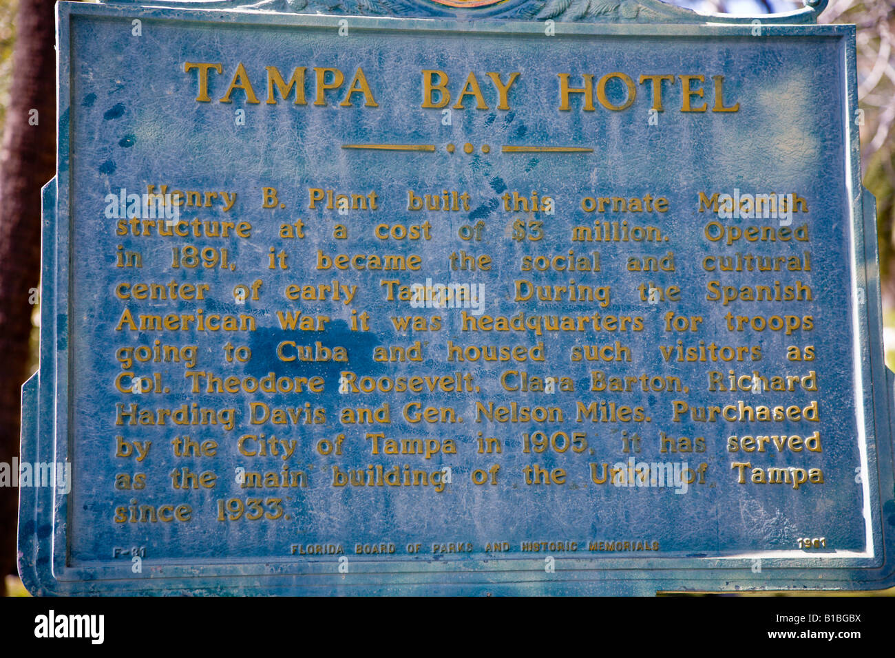 Plaque at Tampa Bay Hotel at the University of Tampa Stock Photo