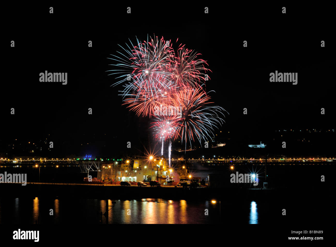 Fireworks display Douglas Bay. Taken during the TT 2008 festival on the Isle of Man Stock Photo
