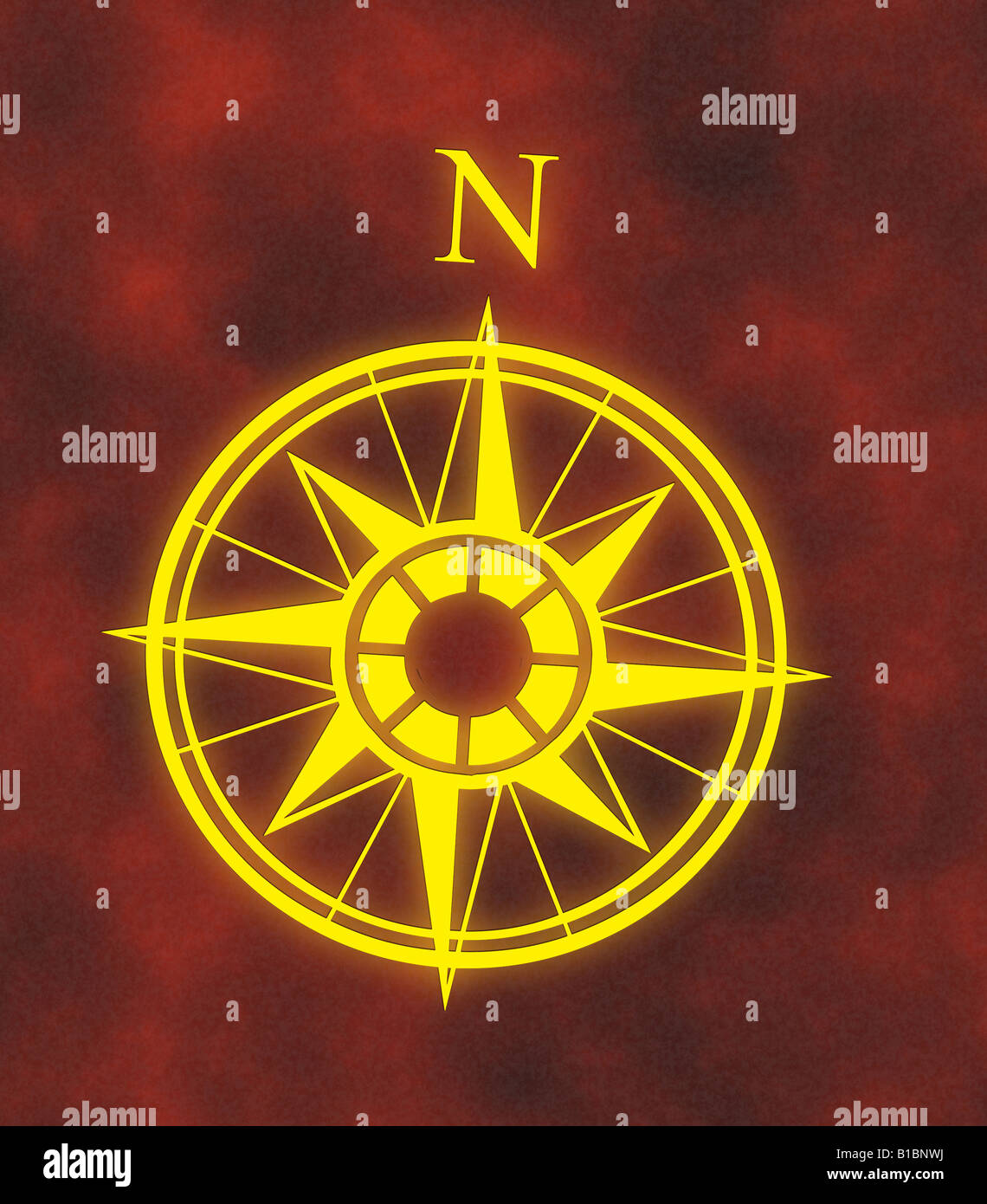 great glowing north arrow and compass on hot red background Stock Photo