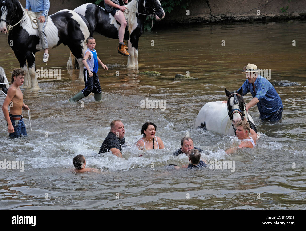 Gypsy traveller boy being rescued from drowning in River Eden. Appleby Horse Fair. Appleby-in-Westmorland, Cumbria, England. Stock Photo