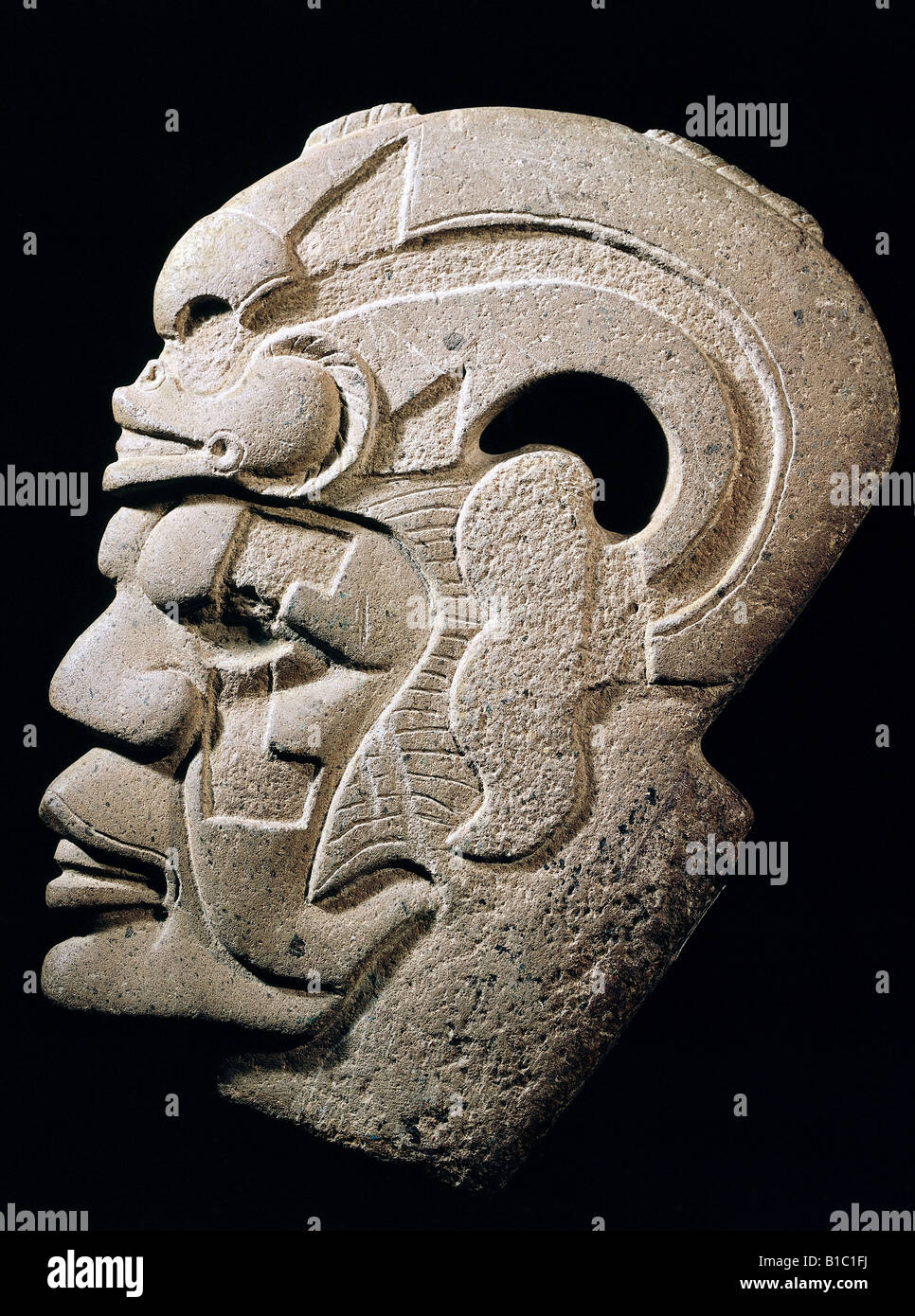 fine arts, mesoamerican civilizations, precolumbian, Remojadas, 600 - 700 AD, stone hacha, object, ballgame, detail, male face w Stock Photo