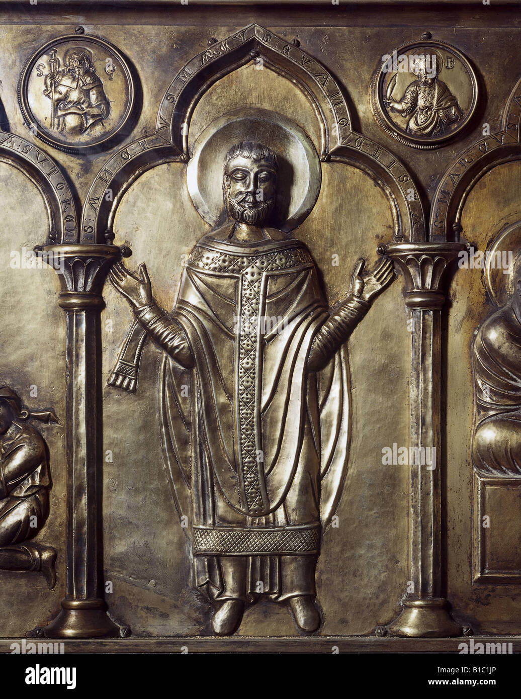 fine arts, religious art, Saints, evangelist Mark, relief, altar piece, front side, detail, circa 10th century, Treasury of San Marco, Venice, Italy, , Artist's Copyright has not to be cleared Stock Photo