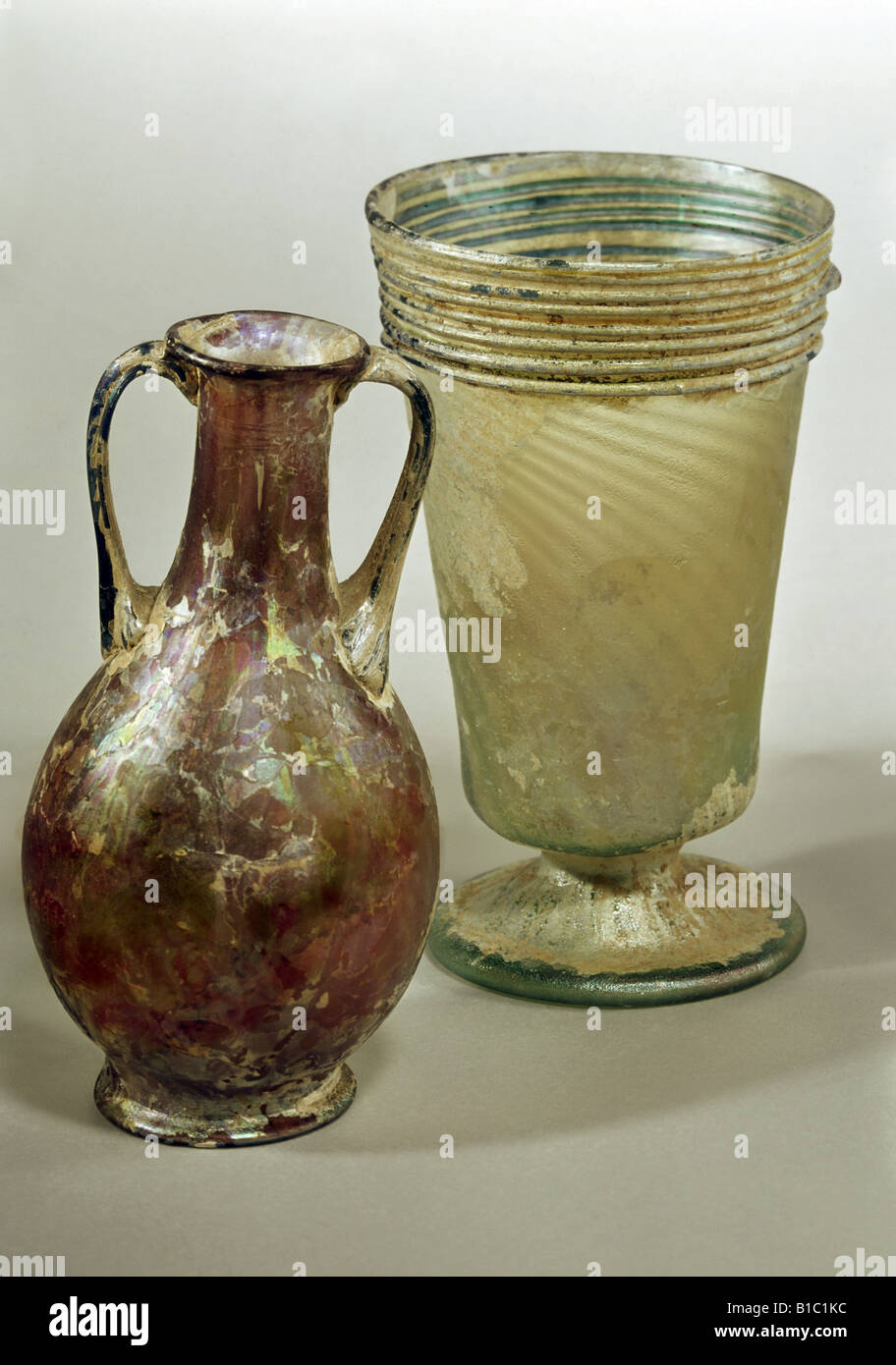 fine arts, ancient world, Roman Empire, glass, bottle and cup, Syria, 3rd century AD, private collection, , Artist's Copyright has not to be cleared Stock Photo