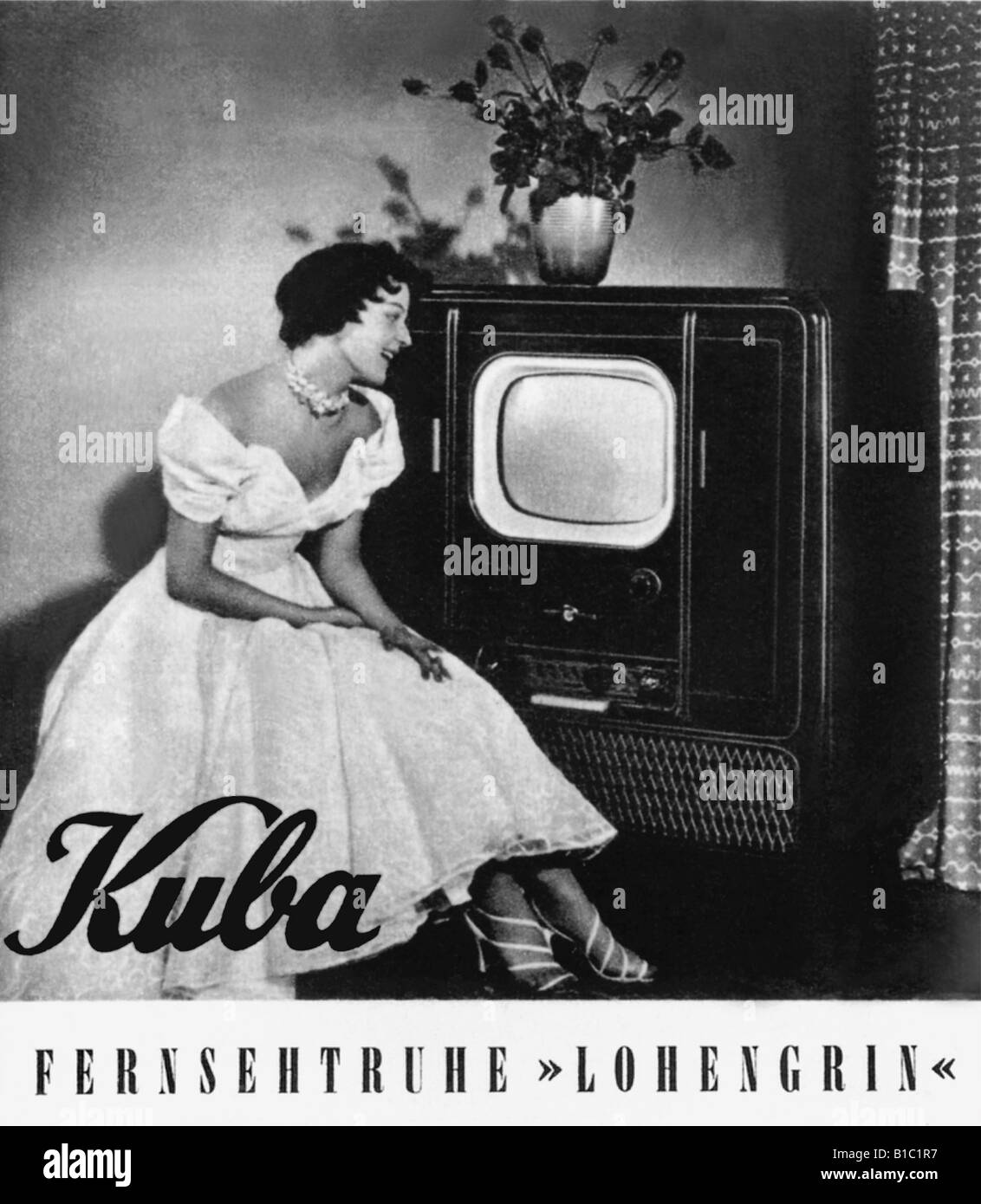 broadcast, television, advertising, TV set Kuba Modell Lohengrin, woman in dress, Germany, 1954, Stock Photo