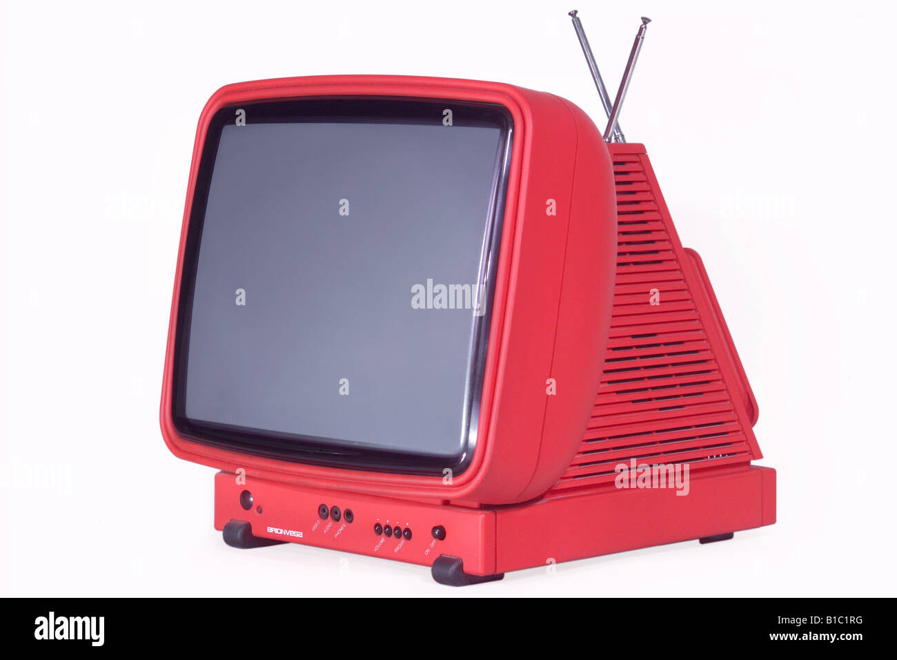 broadcast, television, TV set, typ Brionvega best 15 2, Italy, 1995,  historic, historical, technics, technic, invention, clipping, 1990s,  portable, antenna, red, plastic case, designed by Mario Bellini, design,  produced by Brionvega S.p.A.,