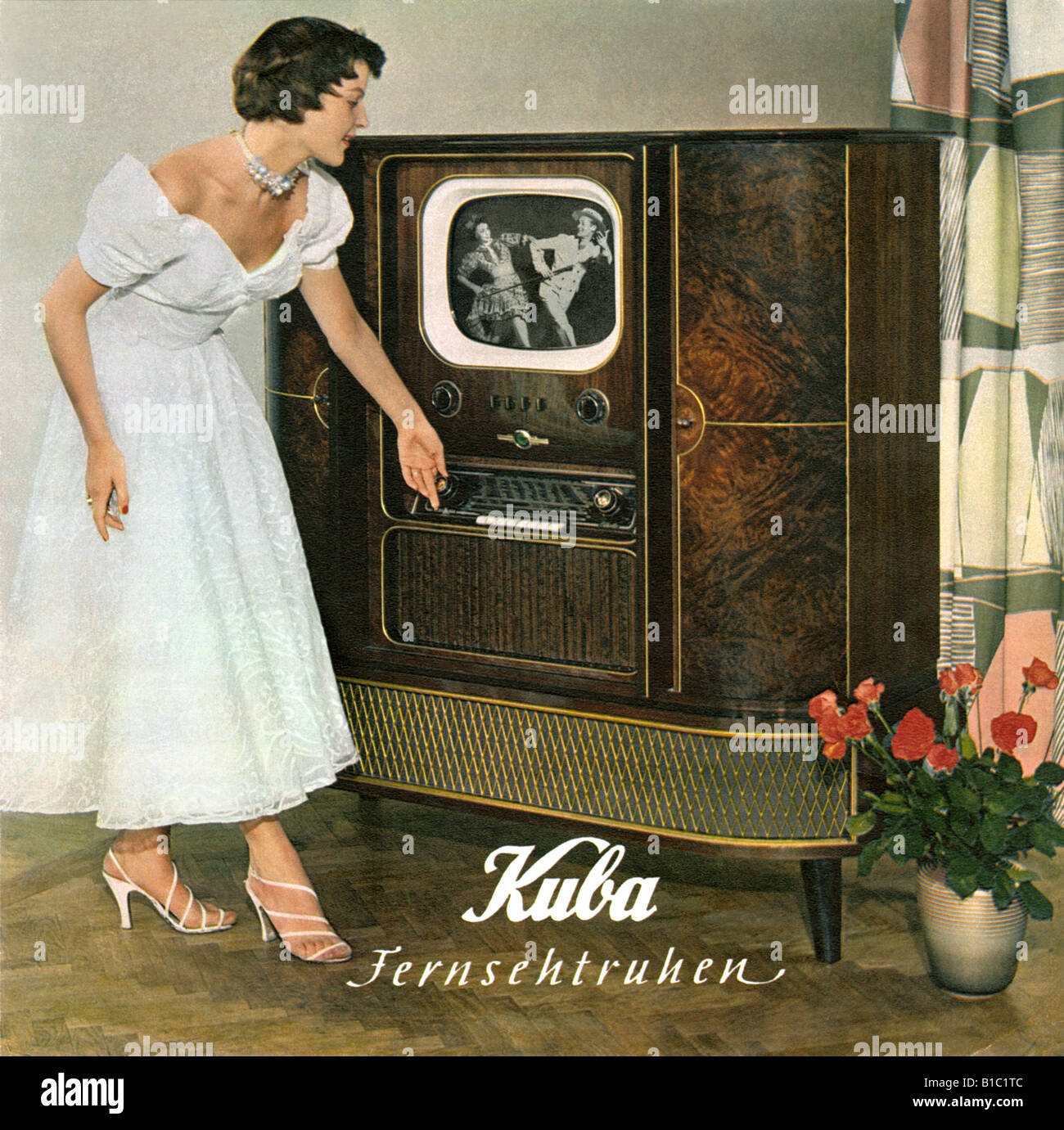 broadcast, television, advertising, woman with TV set, model, Kuba Festival, Germany, 1954, Stock Photo
