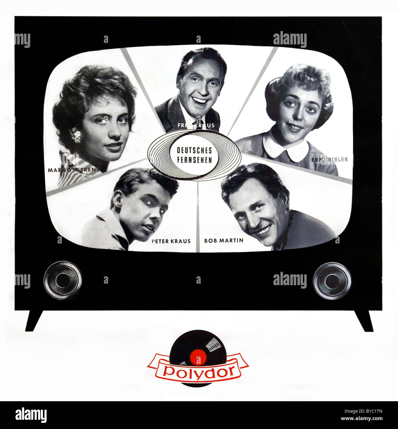 broadcast, television, advertising, record stars in German television, poster of Polydor, Germany, circa 1957, Stock Photo