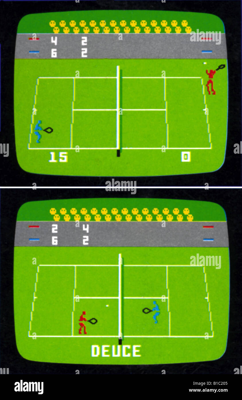 computing / electronic, video, games, tennis video game, two screenshots, Germany, circa 1980, historic, historical, technics, technic, invention, tele game, play, screen, 6:9, panel, screenshot, produced by Mattel Electronics, play station Intellivision, colour, 1980s, 20th century, Stock Photo