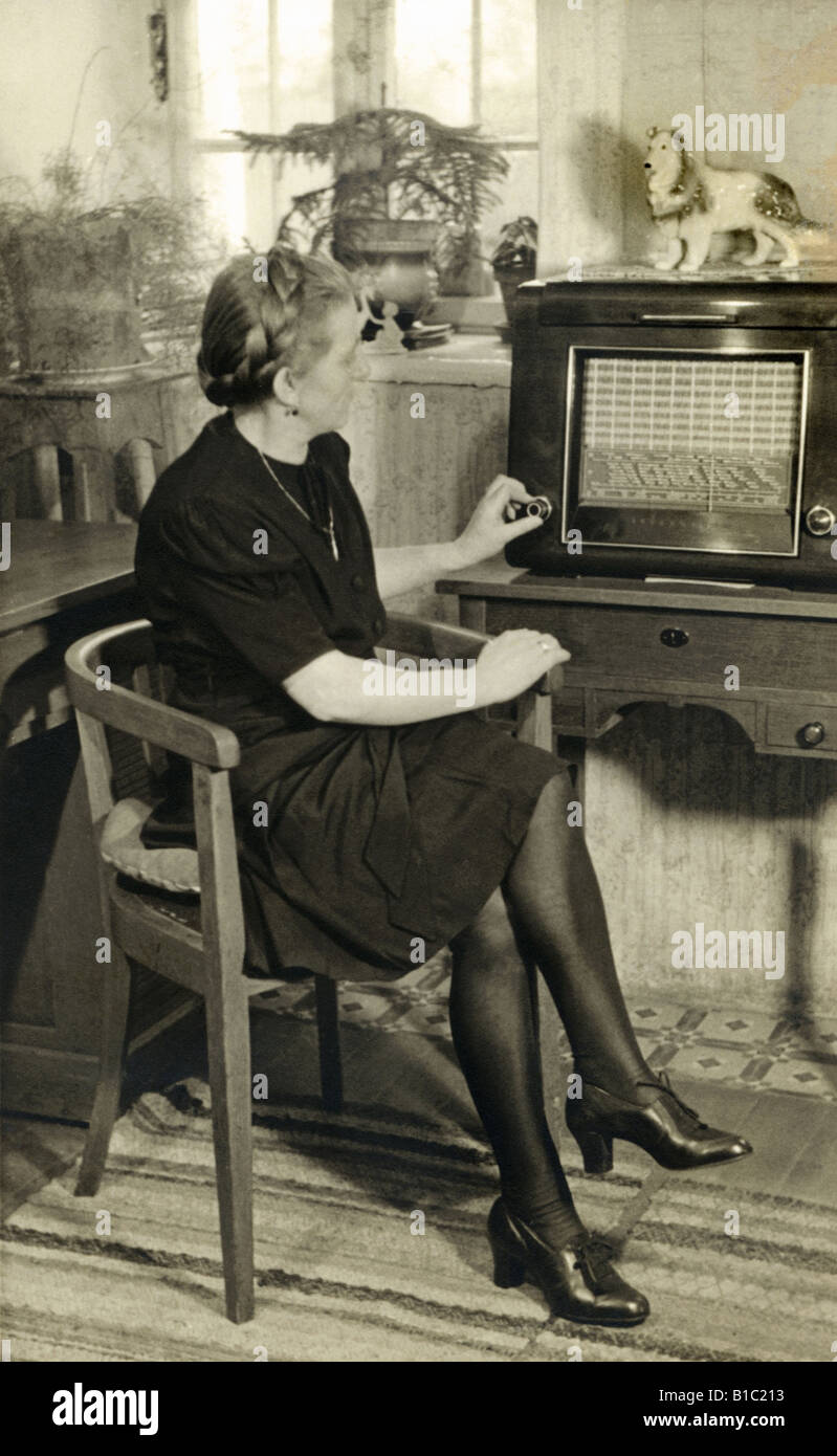 broadcast, radio, listener, old woman listening radio, Germany, 1939, Stock Photo