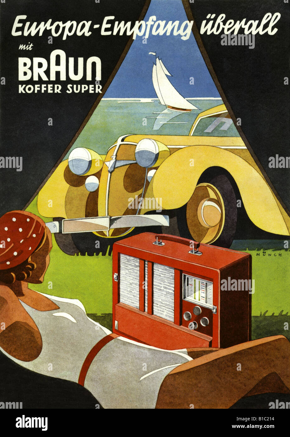 advertising, broadcast, radio, advertising, Braun portable radio set typ BSK 238 F, Germany, 1938, Stock Photo