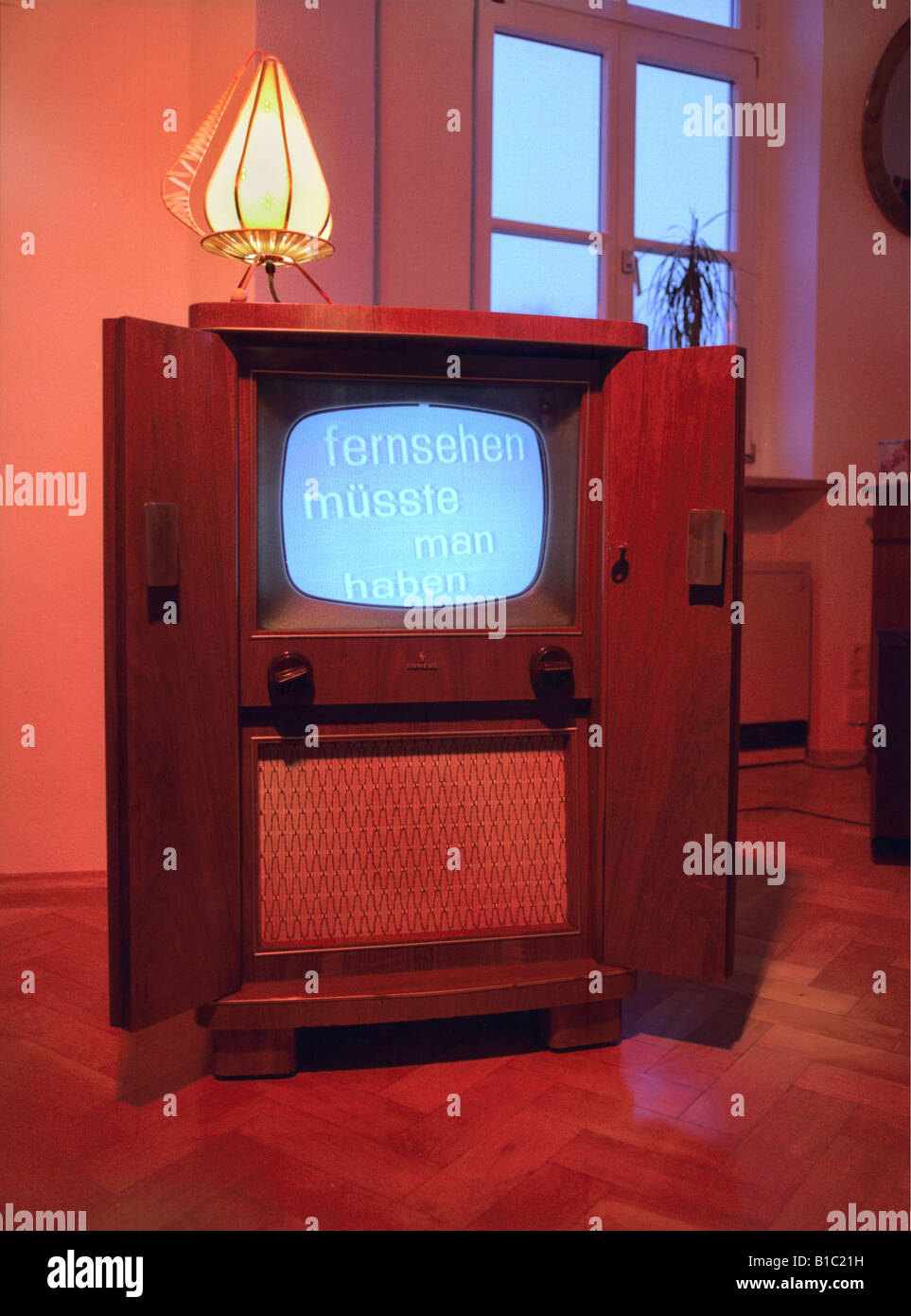 broadcast, television, advertising, TV set with motto on screen 'Fernsehen müsste man haben', typ  , Stock Photo