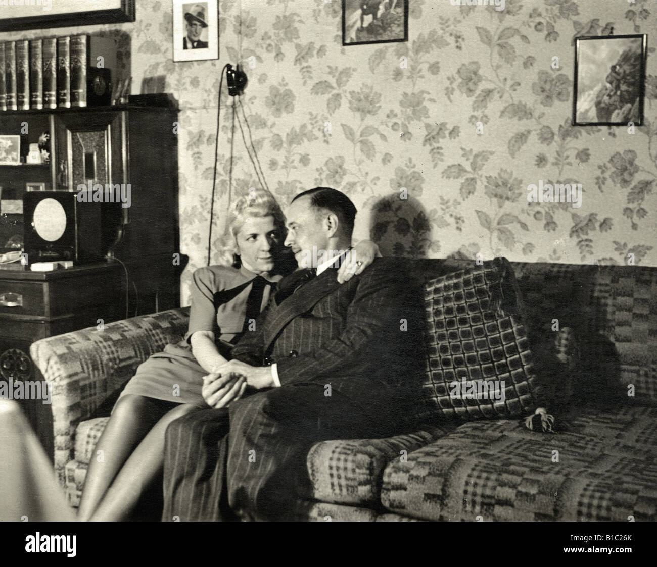 broadcast, radio, listeners, lover couple is listening to the radio, Germany, 1943, Stock Photo