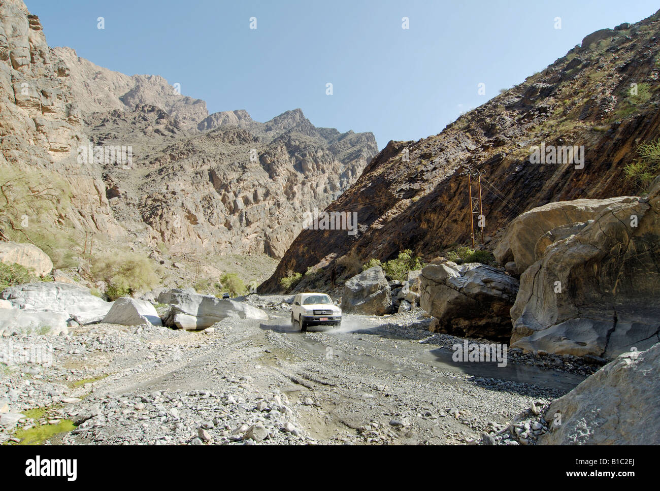 geography / travel, Oman, tourism, off-road vehicle on track at Bani Kharus Wadi in Western Hajar Mountains, Additional-Rights-Clearance-Info-Not-Available Stock Photo