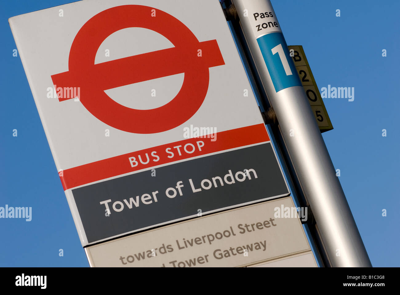 London Transport Bus Stop Sign At The Tower Of London England Stock 