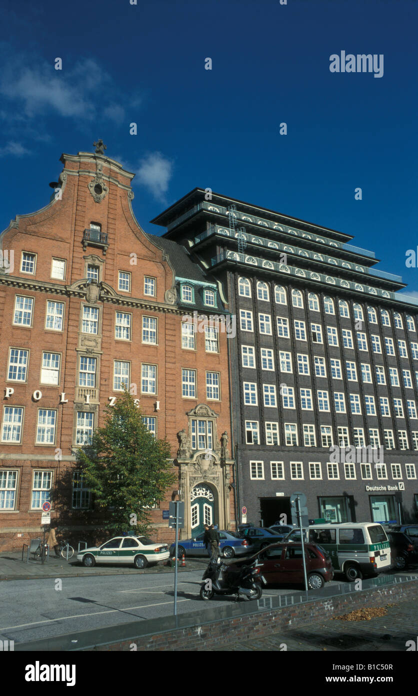 historic buildings at Messberg, police station Klingberg and office complex Chilehaus (built in 1922-24) in Hamburg, Germany Stock Photo