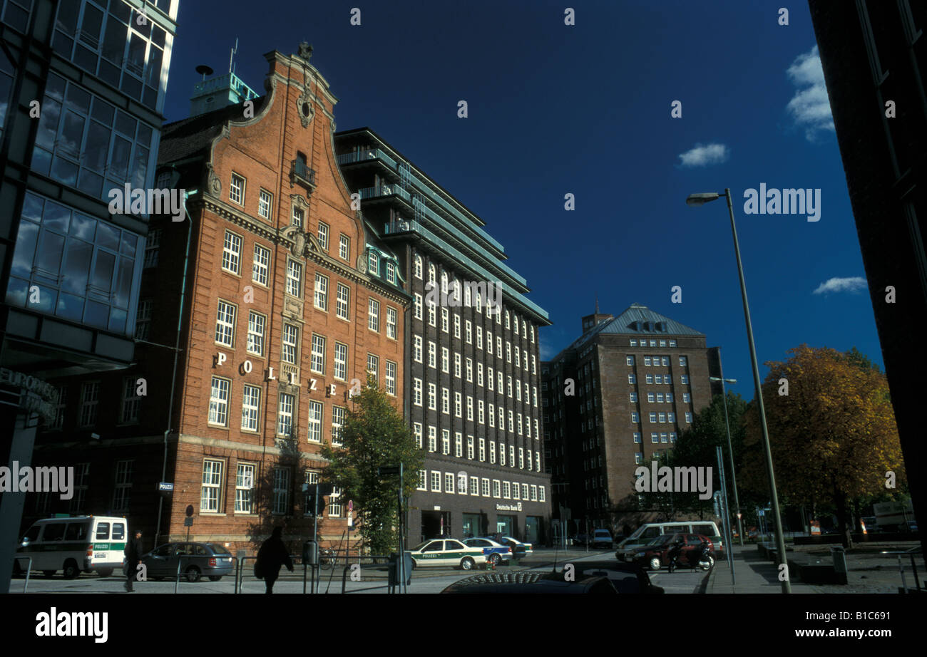 Historic buildings at Messberg, police station Klingberg and office complex Chilehaus (built in 1922-24) in Hamburg, Germany Stock Photo
