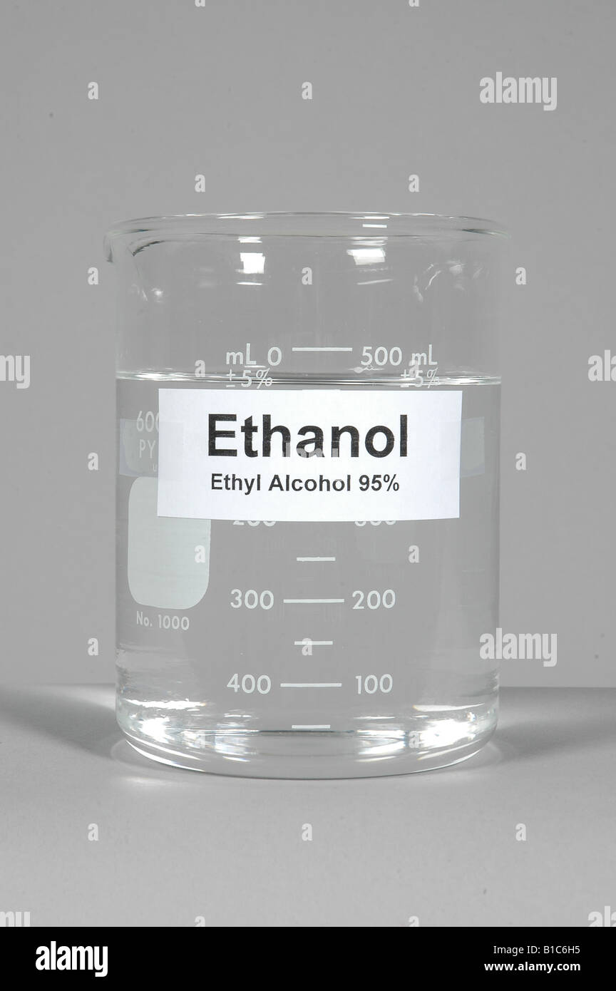 BEAKER OF 95 ETHANOL ALCOHOL, SPECIALLY DENATURED / STUDIO Stock Photo
