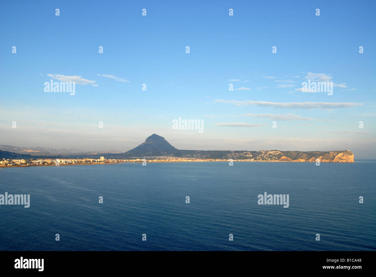 dawn view from Cap Prim, Cabo San Martin to Javea, Montgo mtn & Cabo de la Nao, Alicante Province, Comunidad Valenciana, Spain Stock Photo