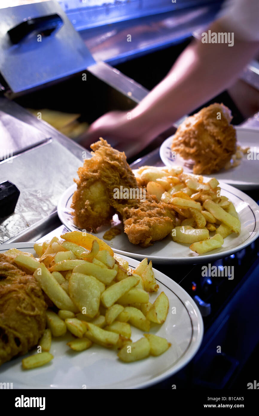 Cooking Fish and chips Stock Photo